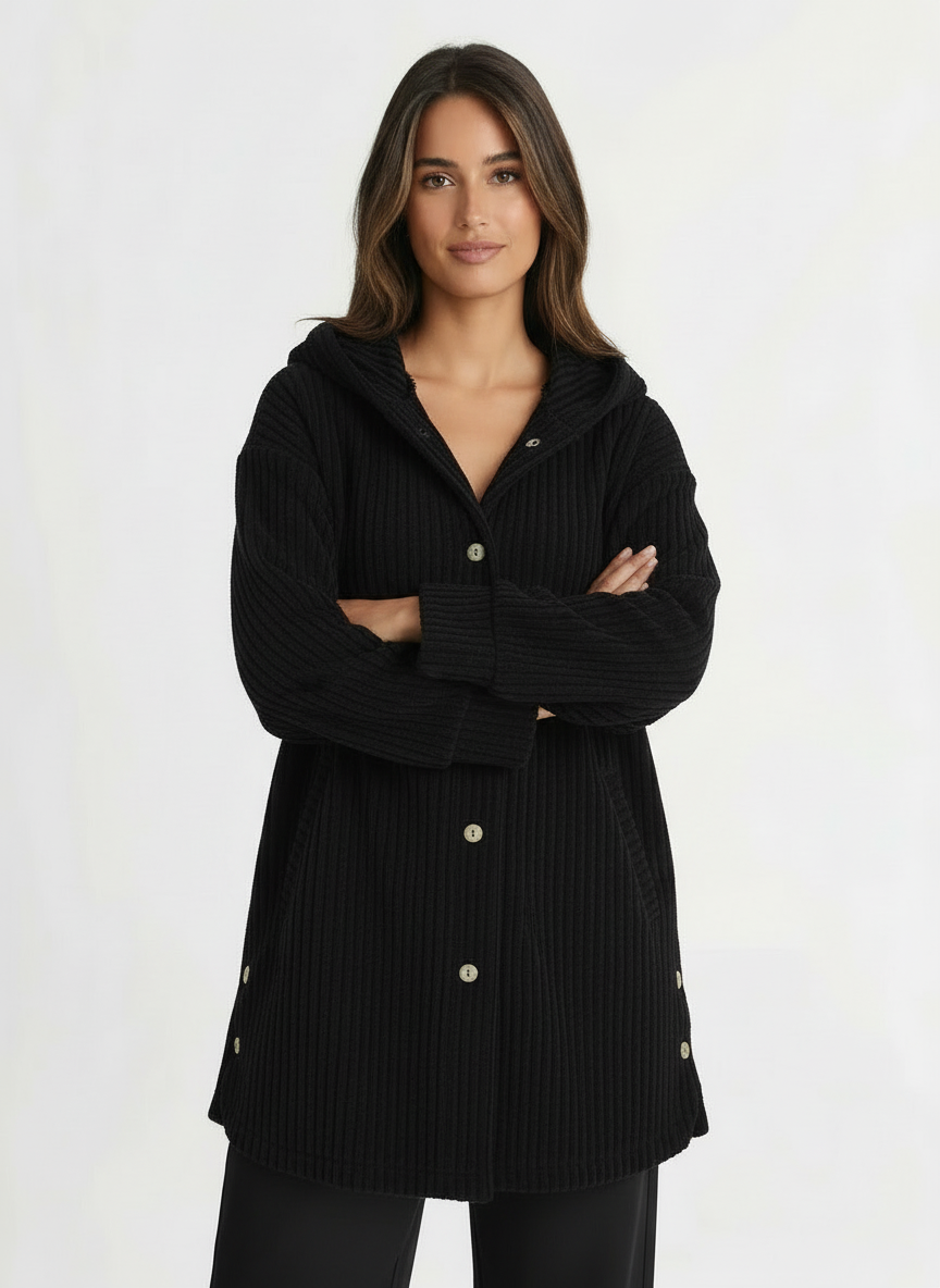 Cora | Women's Hooded Ribbed Button Front Coat 4