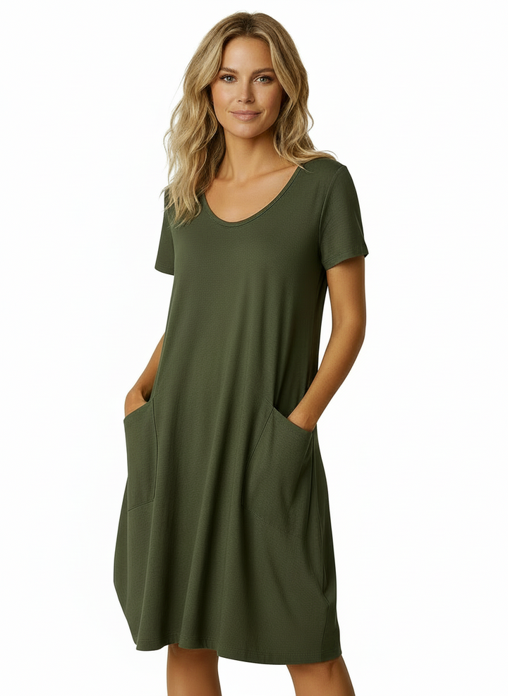 Dana | Women's Short Sleeve Scoop Neck Pocket A-Line Dress