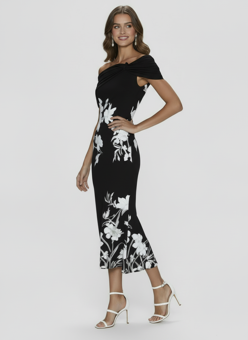Delia | Women's Floral Off Shoulder Trumpet Wedding Guest Dress 4