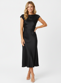Delia | Women's Satin Cap Sleeve Boat Neck Midi Dress
