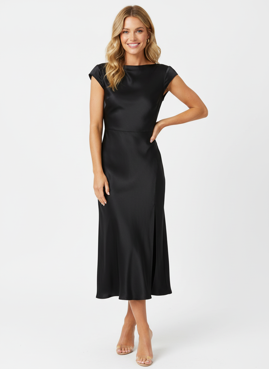 Delia | Women's Satin Cap Sleeve Boat Neck Midi Dress