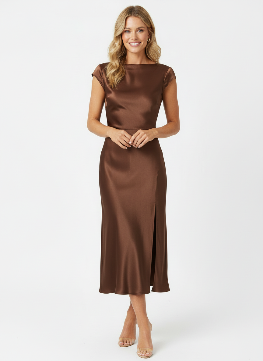 Delia | Women's Satin Cap Sleeve Boat Neck Midi Dress 4