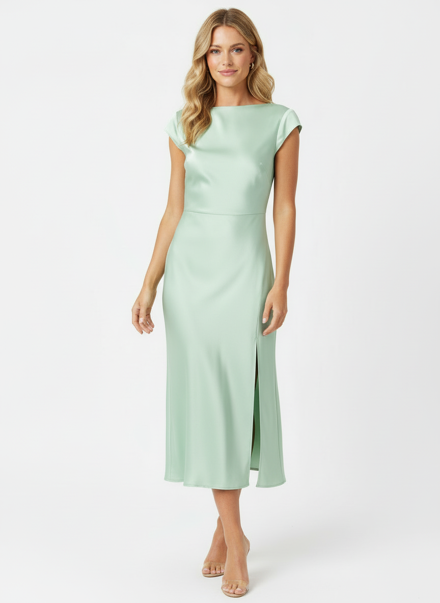 Delia | Women's Satin Cap Sleeve Boat Neck Midi Dress 6