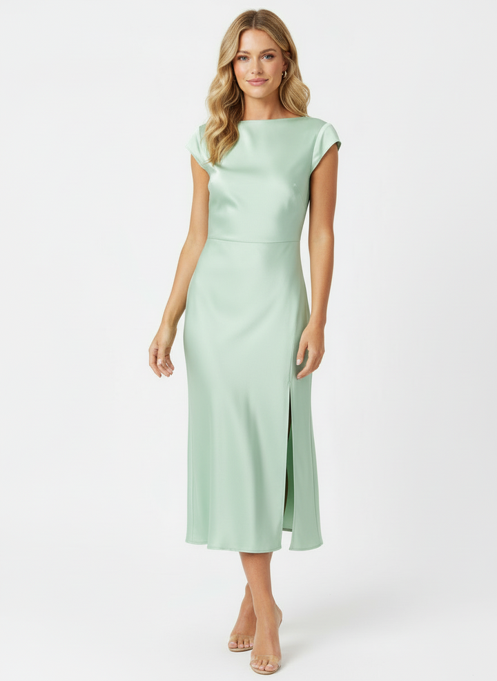 Delia | Women's Satin Cap Sleeve Boat Neck Midi Dress 6