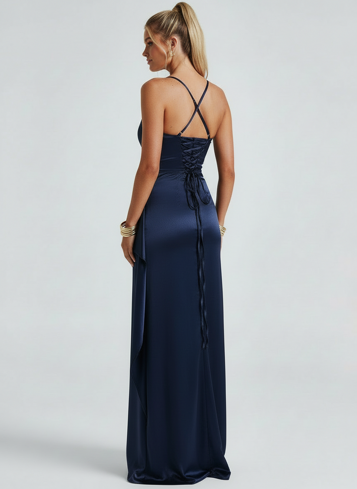 Delia | Women's Satin Ruched Spaghetti Strap Evening Dress Slit Navy Blue 2