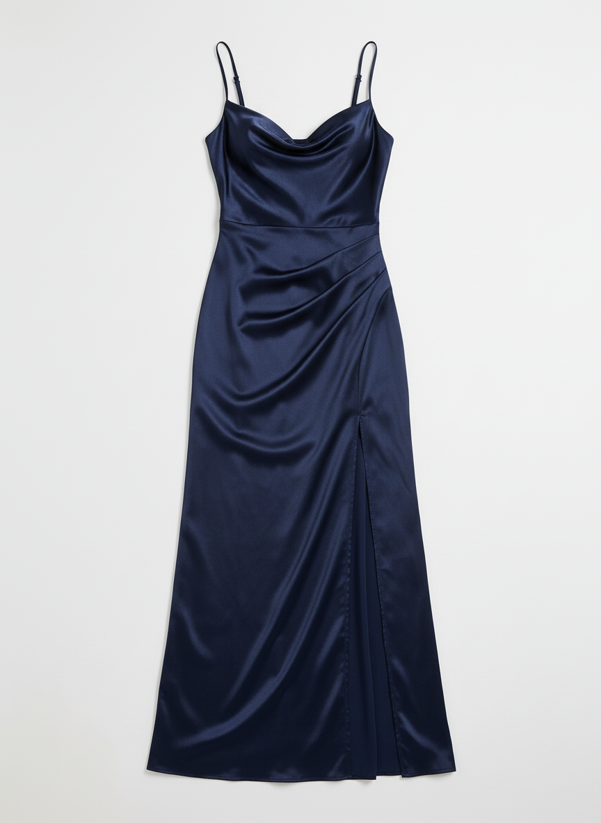 Delia | Women's Satin Ruched Spaghetti Strap Evening Dress Slit Navy Blue 3