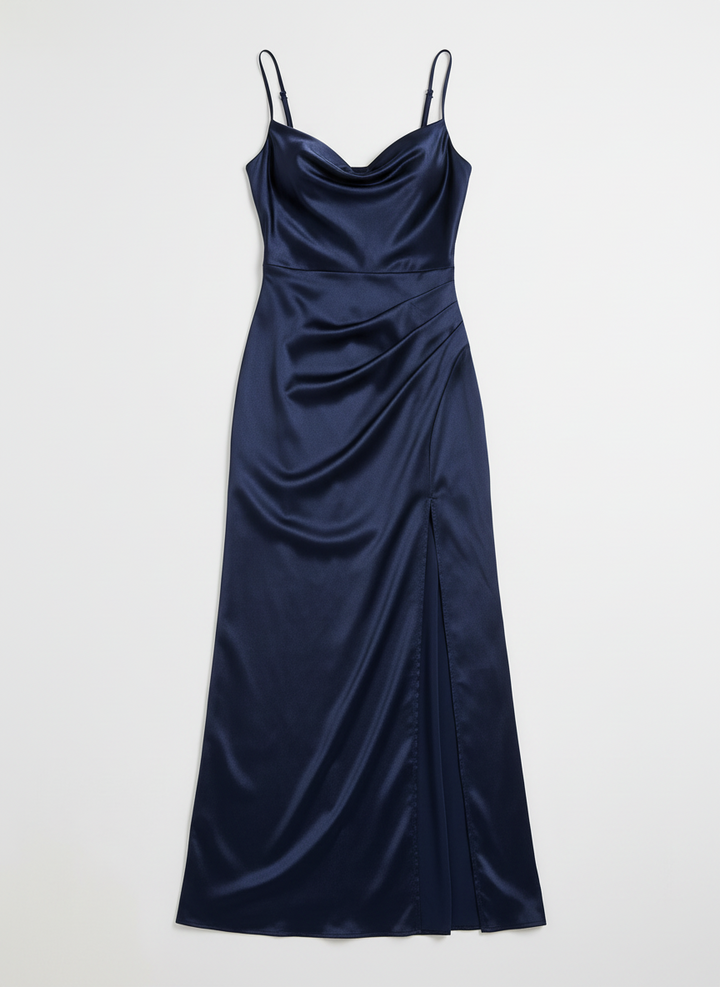Delia | Women's Satin Ruched Spaghetti Strap Evening Dress Slit Navy Blue 3