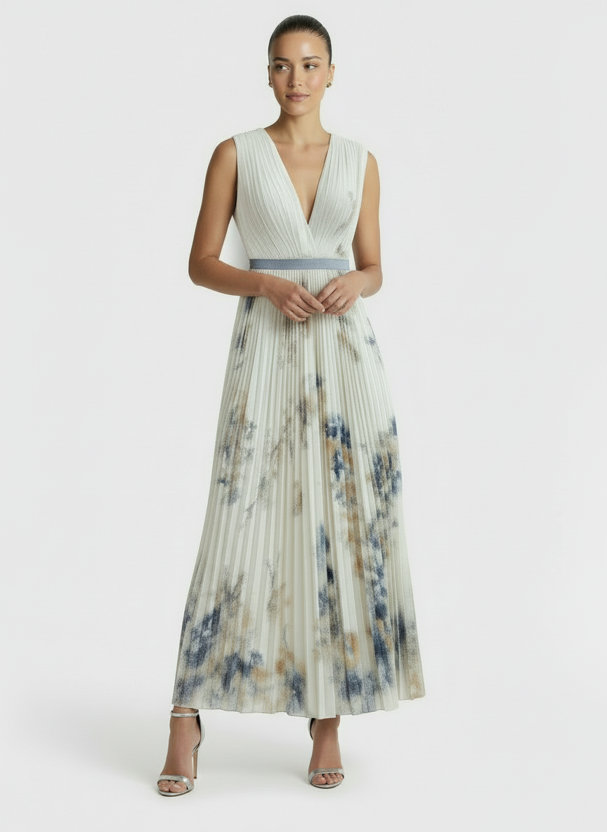 Delia | Women's White Floral Print V-Neck Pleated Wedding Guest Dress