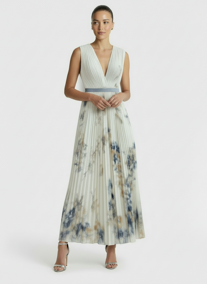 Delia | Women's White Floral Print V-Neck Pleated Wedding Guest Dress
