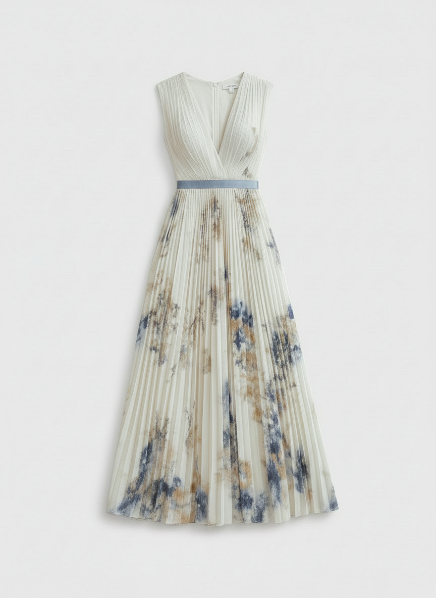 Delia | Women's White Floral Print V-Neck Pleated Wedding Guest Dress 3