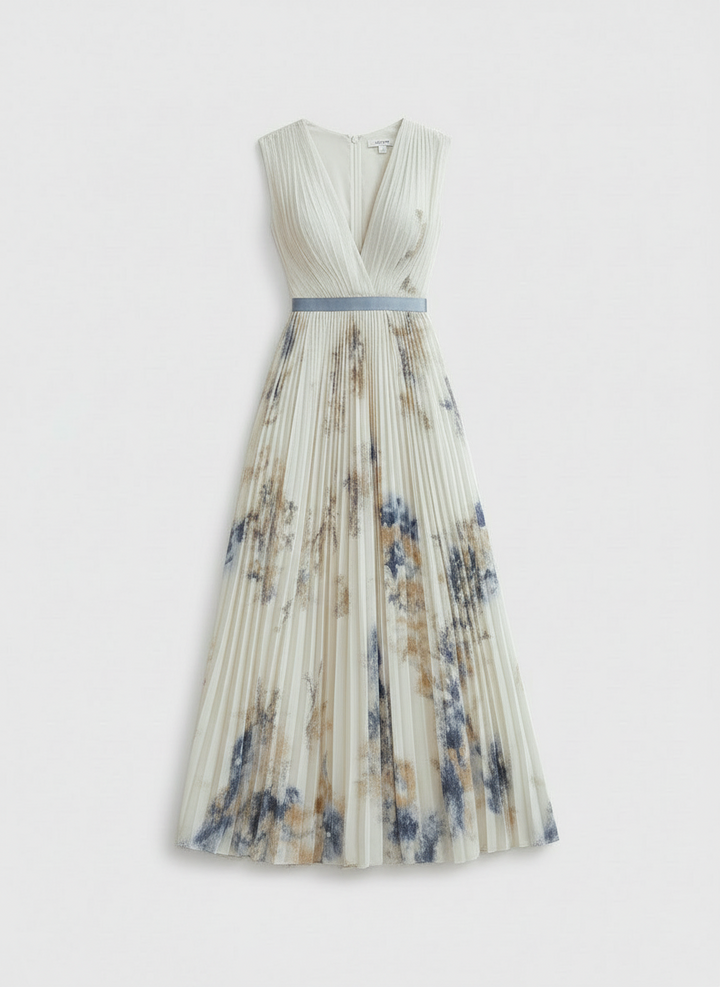 Delia | Women's White Floral Print V-Neck Pleated Wedding Guest Dress 3