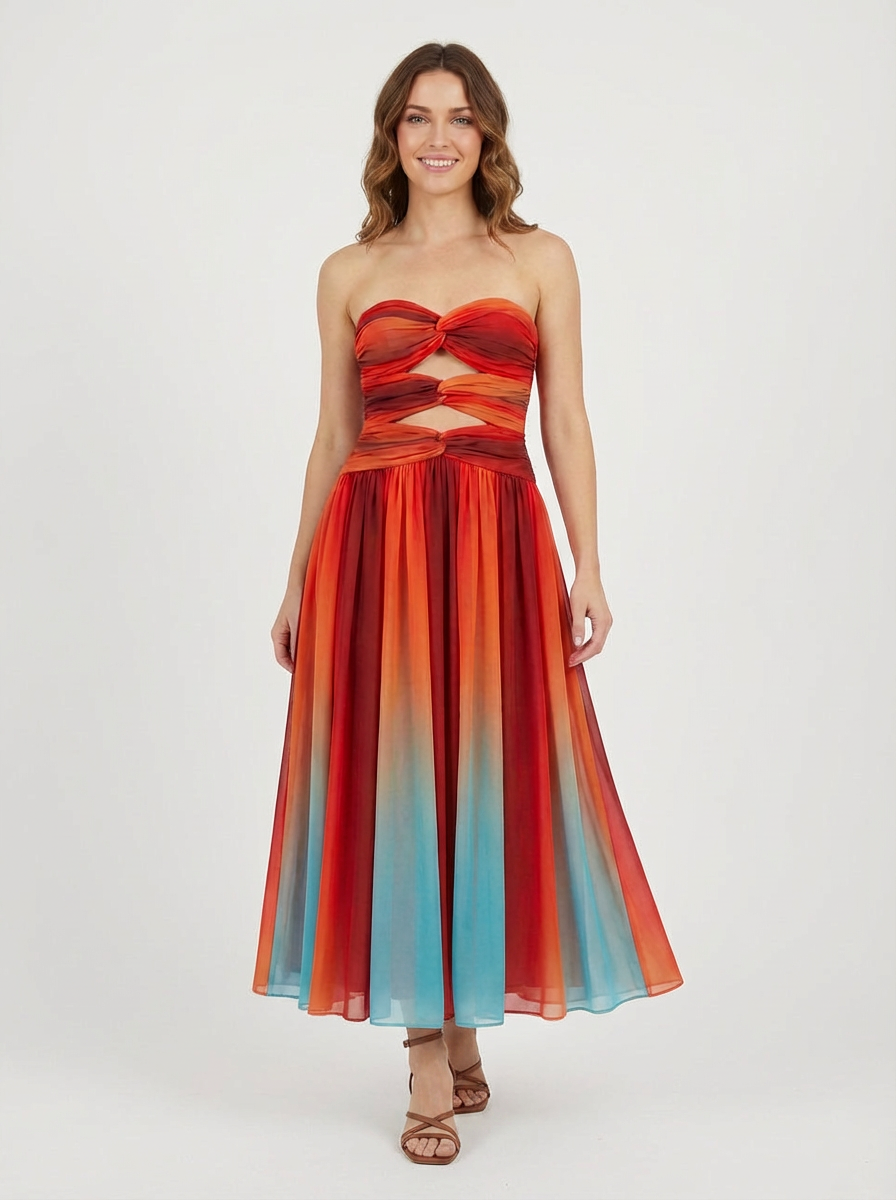 Demi | Women's Strapless Ruched Cutout Multicolor Maxi Dress