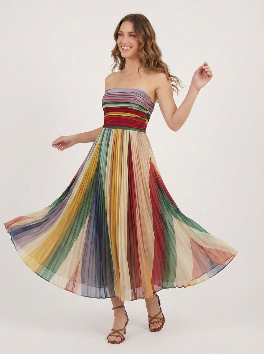 Diana | Women's Multicolored Strapless Pleated Maxi Dress
