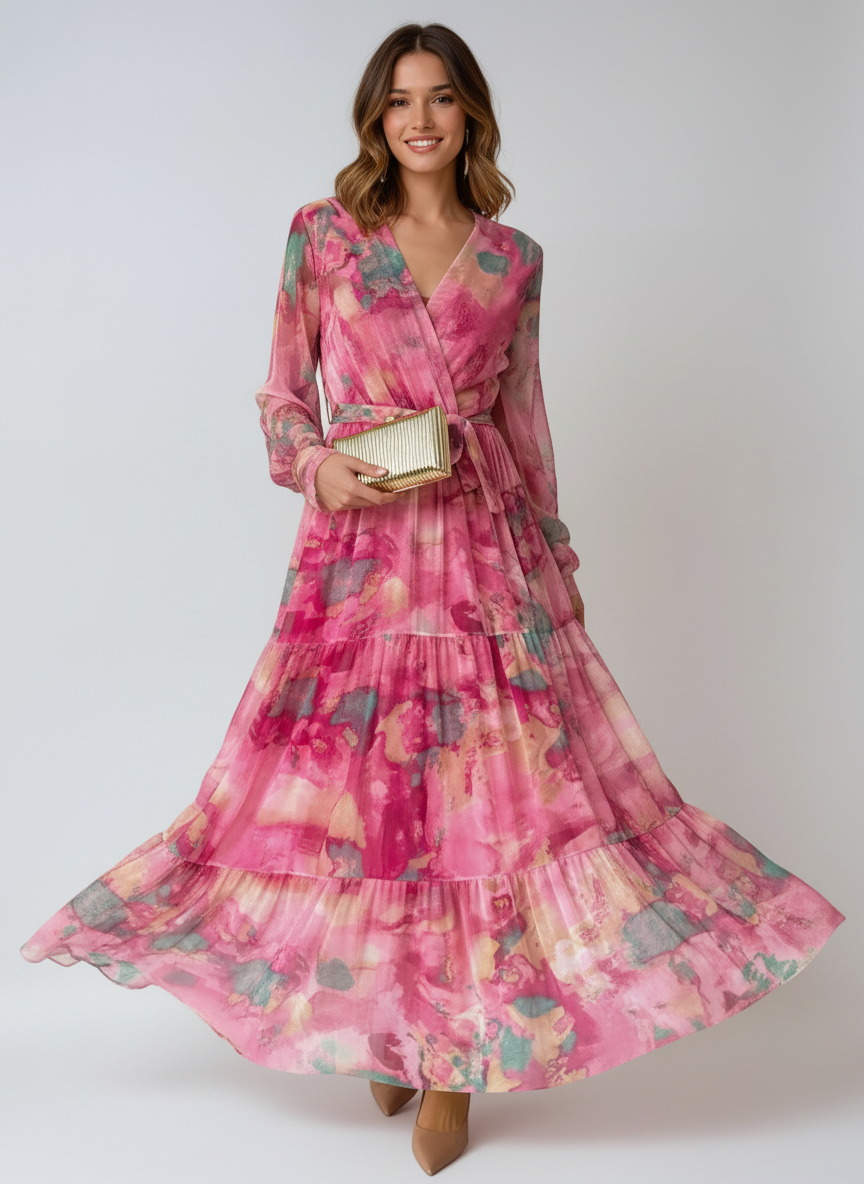 Diana | Women's Wrap Floral Print Long Sleeve Tiered Evening Dress