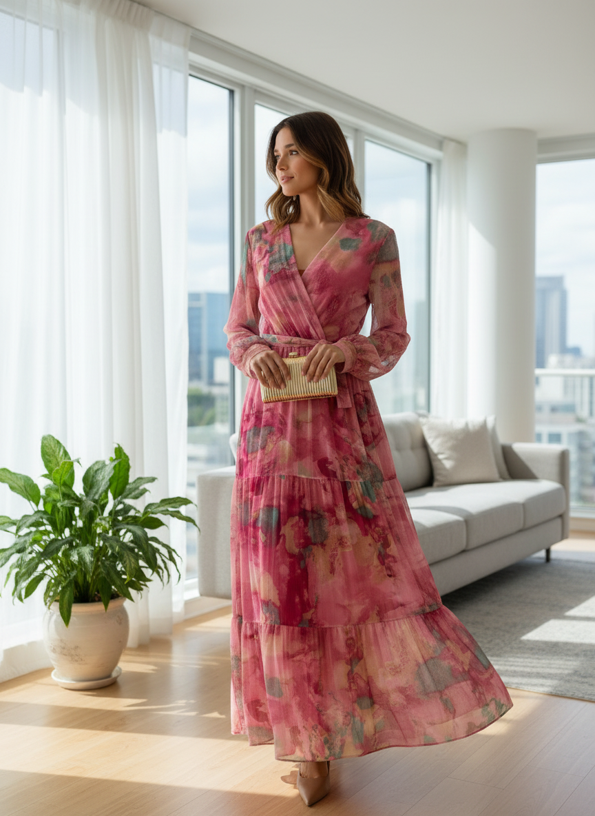 Diana | Women's Wrap Floral Print Long Sleeve Tiered Evening Dress 1