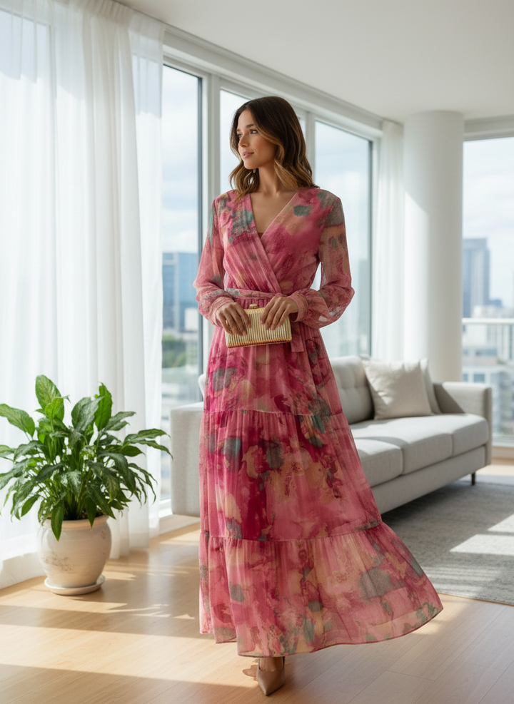 Diana | Women's Wrap Floral Print Long Sleeve Tiered Evening Dress 1