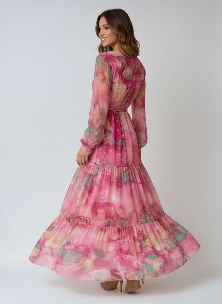 Diana | Women's Wrap Floral Print Long Sleeve Tiered Evening Dress 2