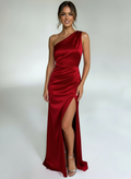 Dina | Women's Satin One-Shoulder Ruched Evening Dress Slit