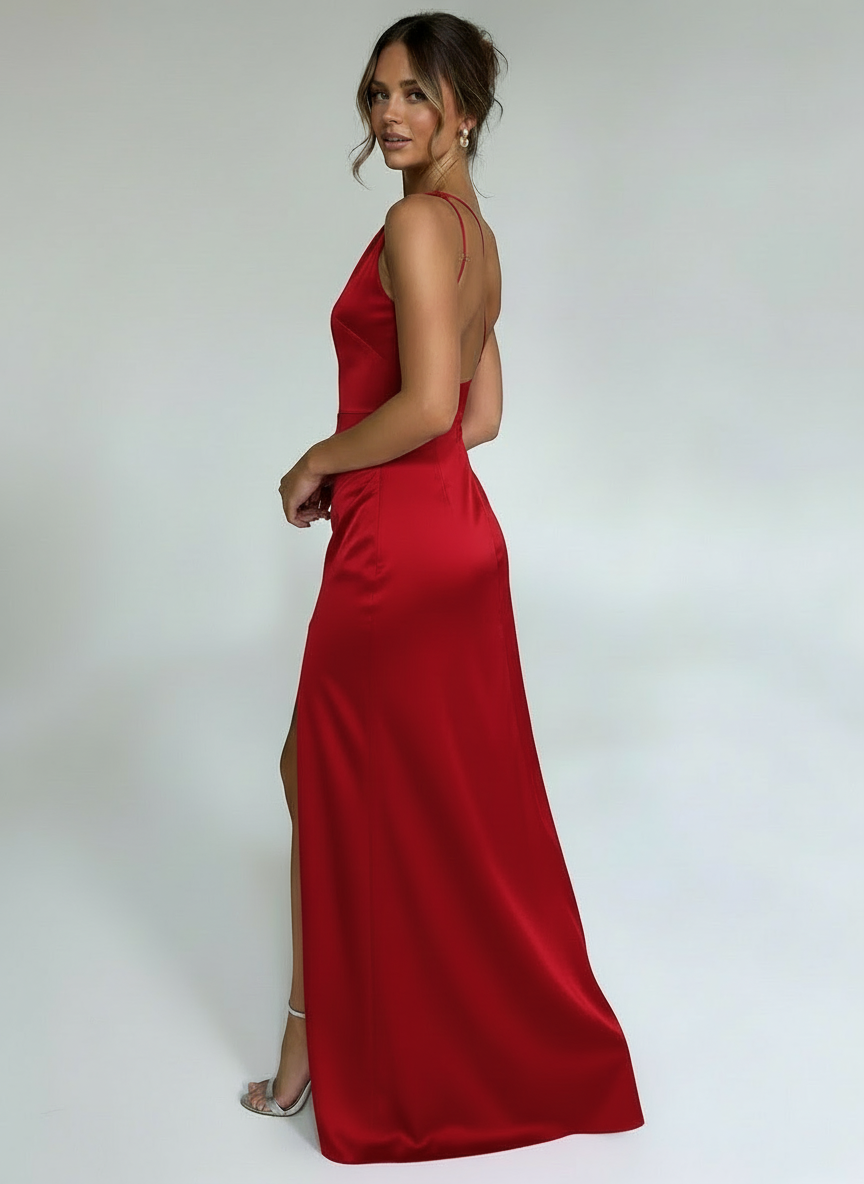 Dina | Women's Satin One-Shoulder Ruched Evening Dress Slit 2