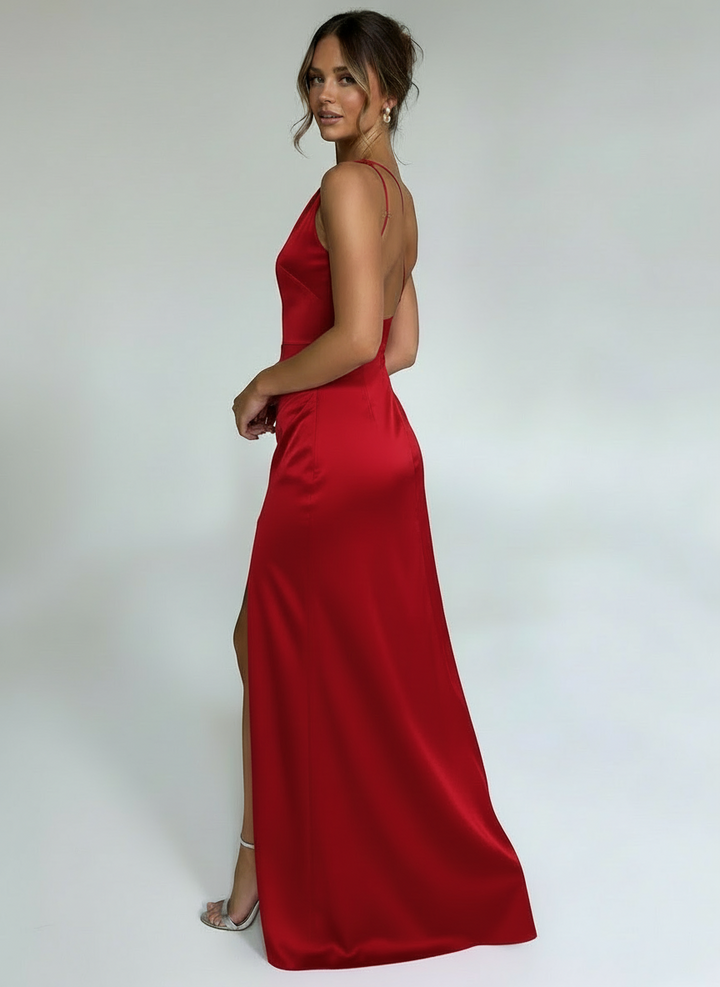 Dina | Women's Satin One-Shoulder Ruched Evening Dress Slit 2