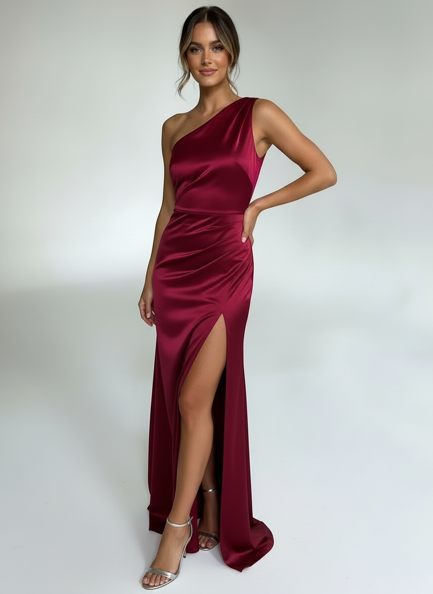 Dina | Women's Satin One-Shoulder Ruched Evening Dress Slit 6