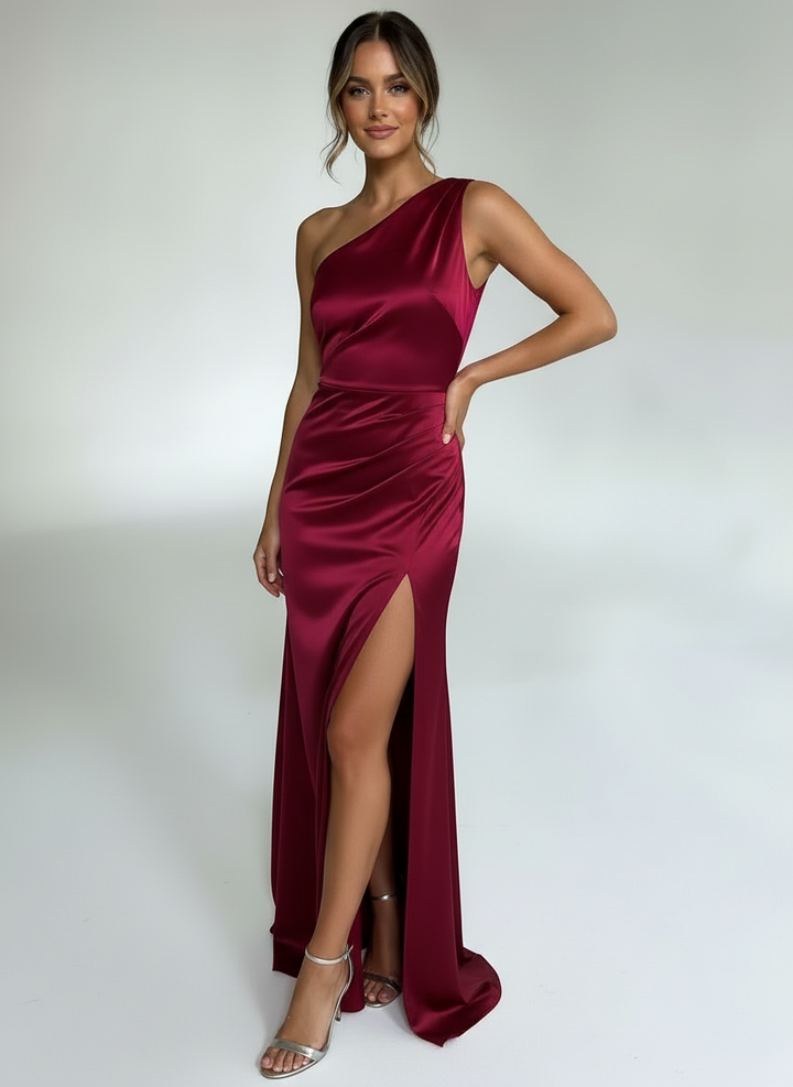 Dina | Women's Satin One-Shoulder Ruched Evening Dress Slit 6