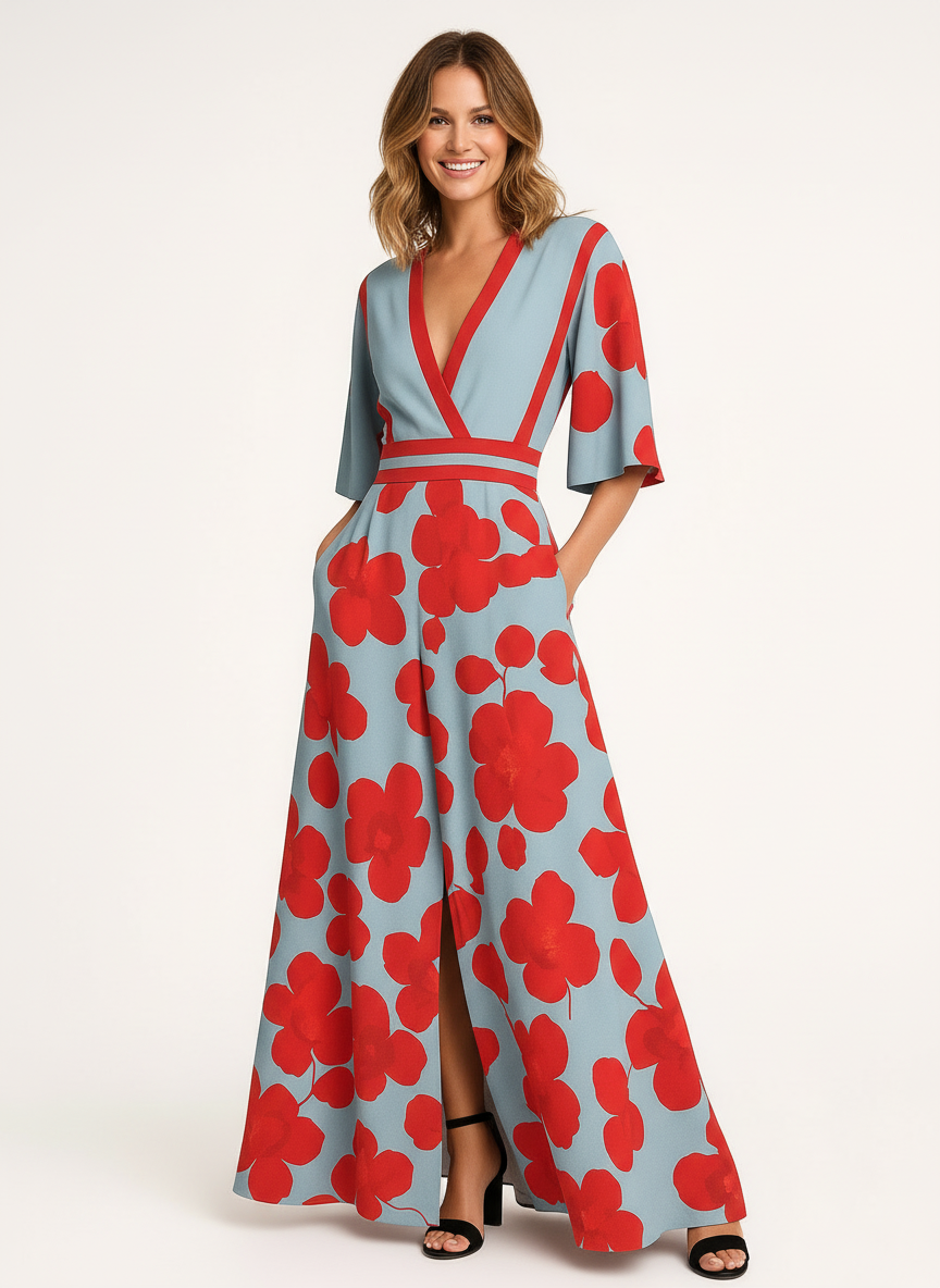 Dolly | Women's Floral Print Wrap V-Neck Flutter Sleeve Evening Dress