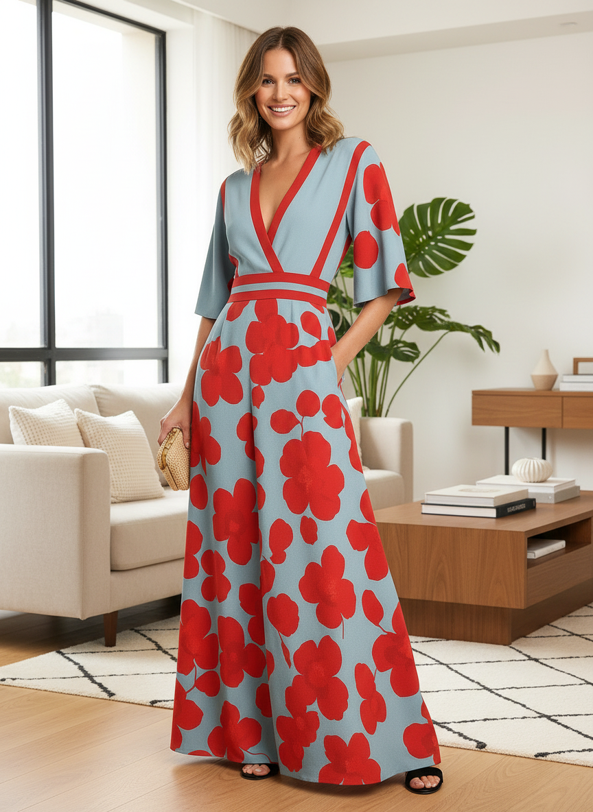 Dolly | Women's Floral Print Wrap V-Neck Flutter Sleeve Evening Dress 1