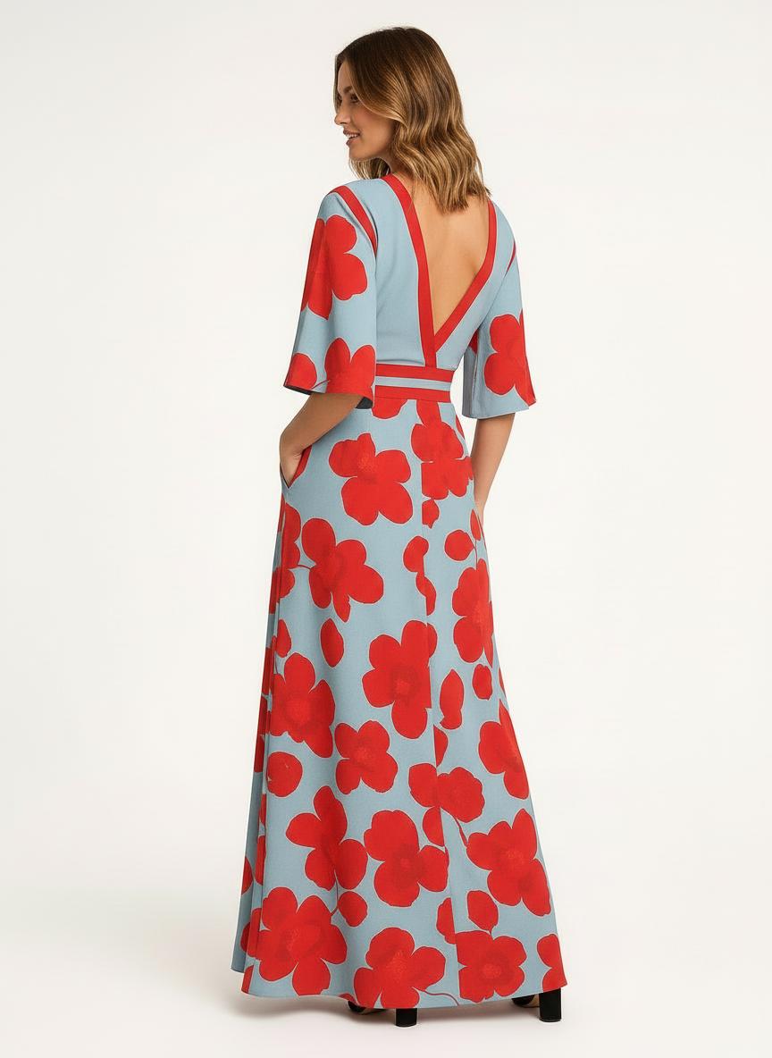 Dolly | Women's Floral Print Wrap V-Neck Flutter Sleeve Evening Dress 2