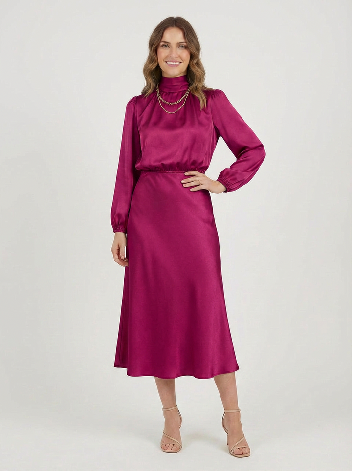Donna | Women's Satin Puff Sleeve Midi Dress 5