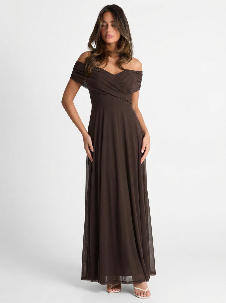 Dora | Women's Off Shoulder Brown Wedding Guest Dress