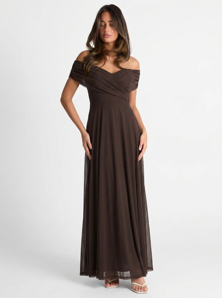 Dora | Women's Off Shoulder Brown Wedding Guest Dress