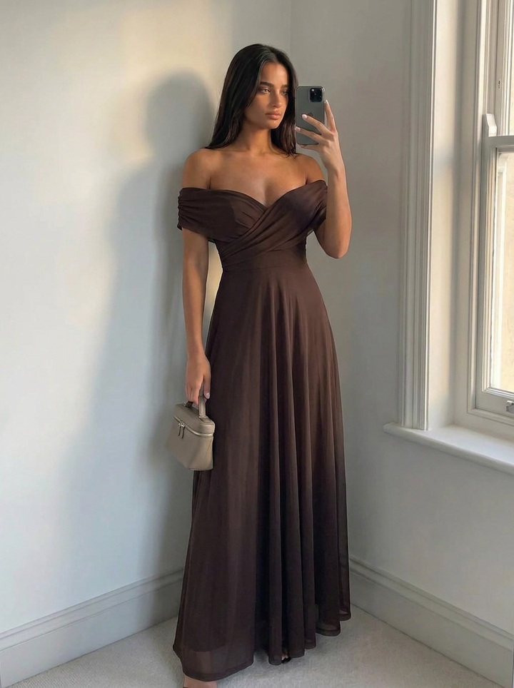 Dora | Women's Off Shoulder Brown Wedding Guest Dress 1