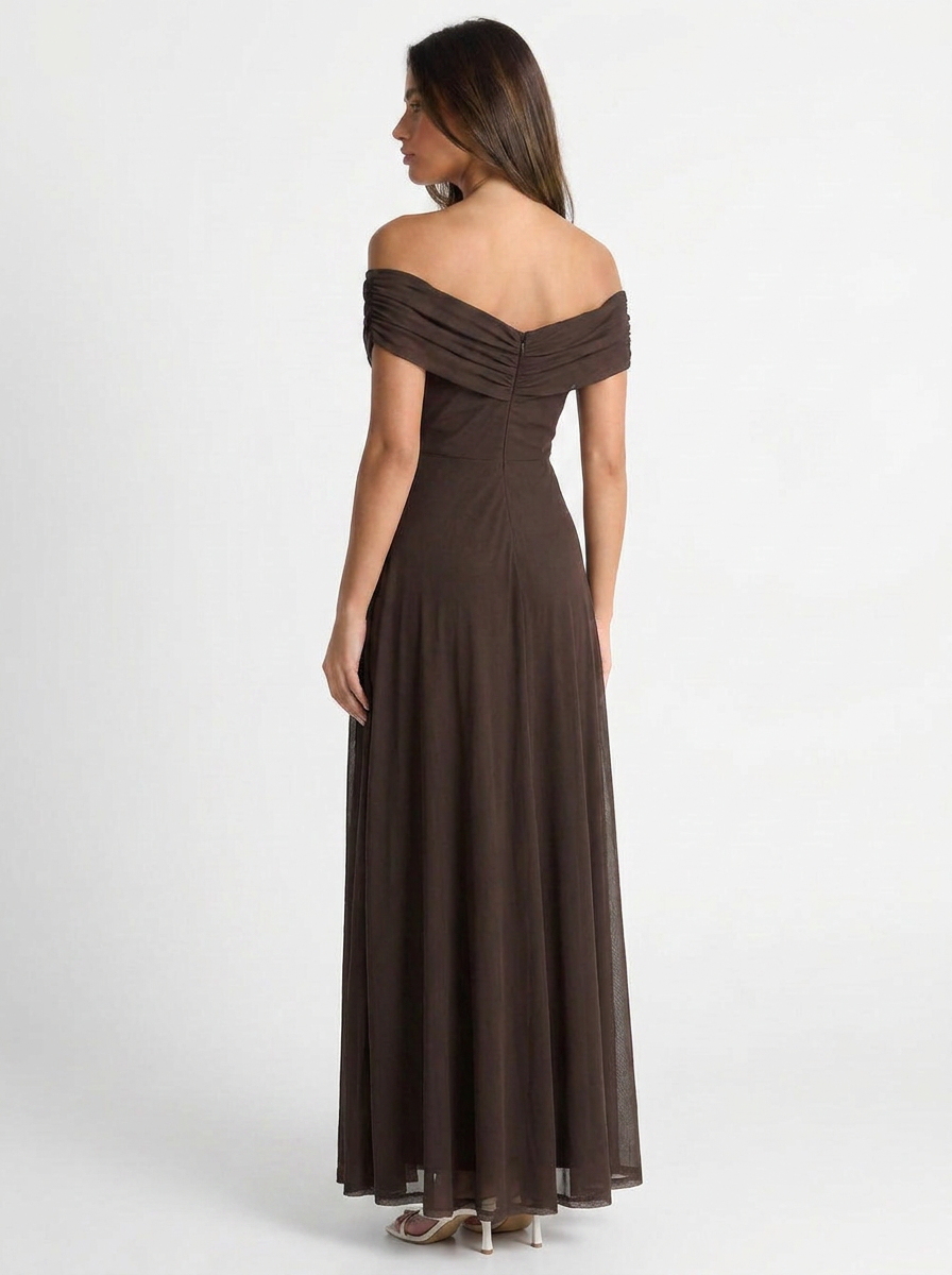 Dora | Women's Off Shoulder Brown Wedding Guest Dress 2