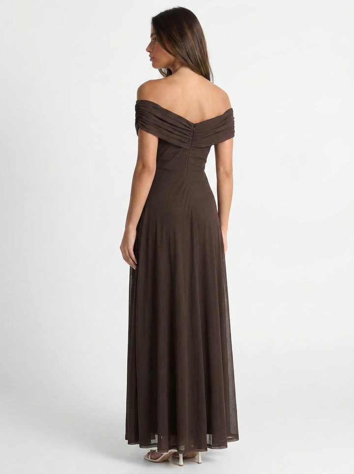 Dora | Women's Off Shoulder Brown Wedding Guest Dress 2