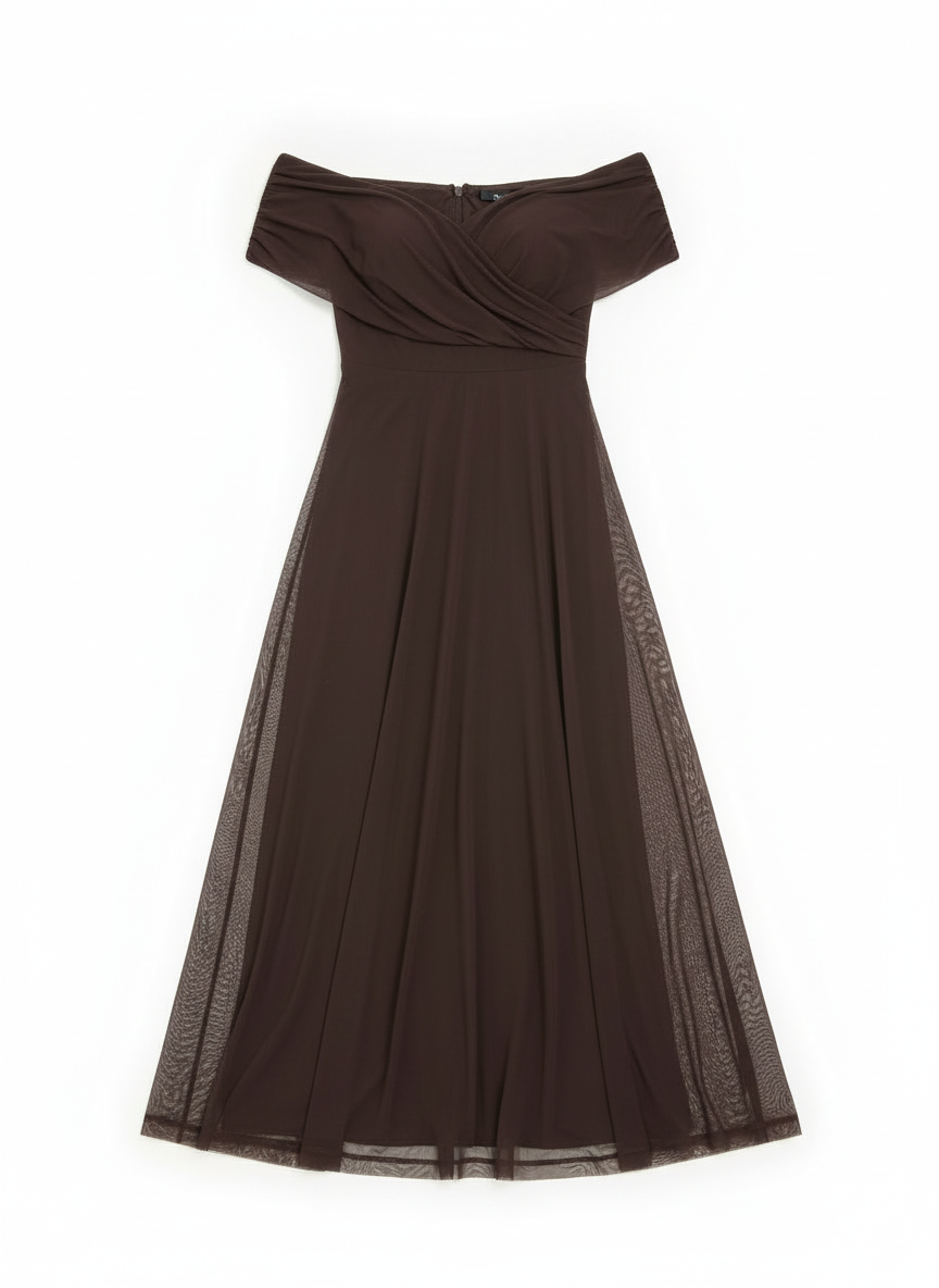 Dora | Women's Off Shoulder Brown Wedding Guest Dress 3
