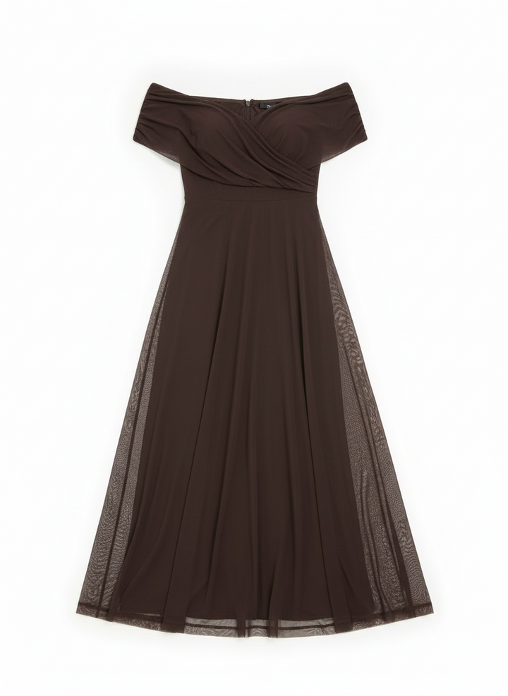 Dora | Women's Off Shoulder Brown Wedding Guest Dress 3