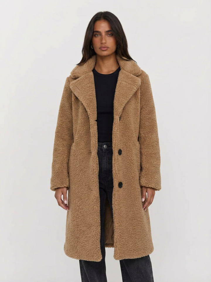 Elaina | Women's Beige Oversized Teddy Fleece Longline Button Coat