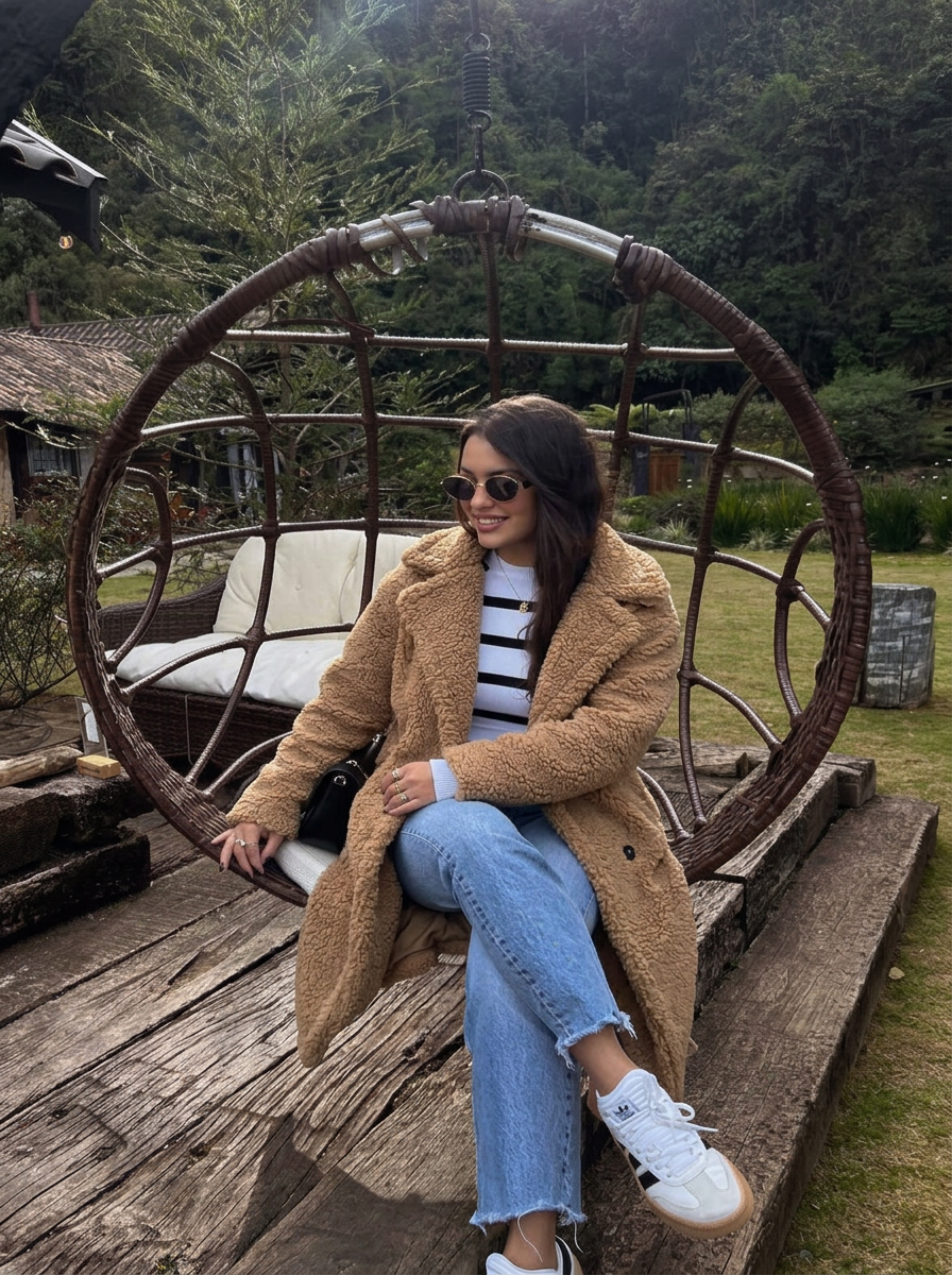 Elaina | Women's Beige Oversized Teddy Fleece Longline Button Coat