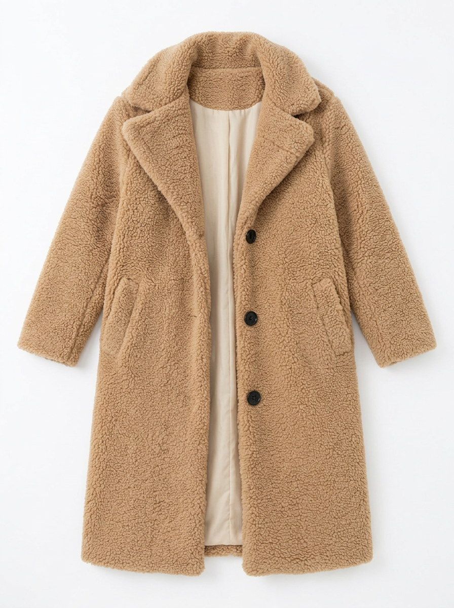Elaina | Women's Beige Oversized Teddy Fleece Longline Button Coat