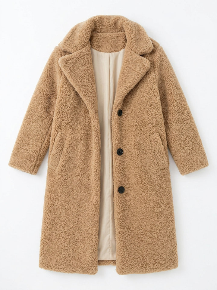 Elaina | Women's Beige Oversized Teddy Fleece Longline Button Coat