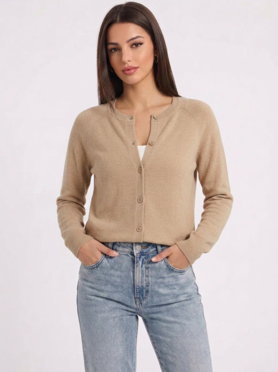 Elaine | Women's Beige Crew Neck Knit Button Front Cardigan
