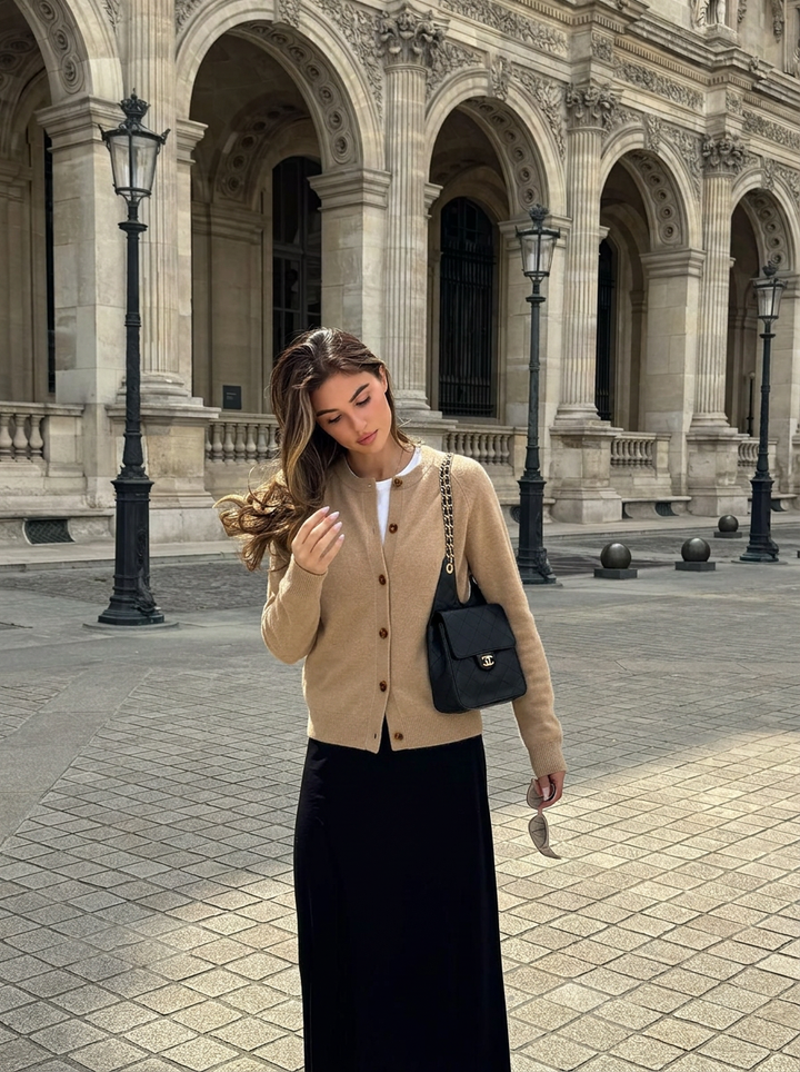 Elaine | Women's Beige Crew Neck Knit Button Front Cardigan