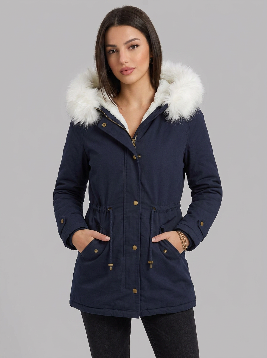 Evie | Women's Snow Jacket Long Hooded Fur Trim Belted