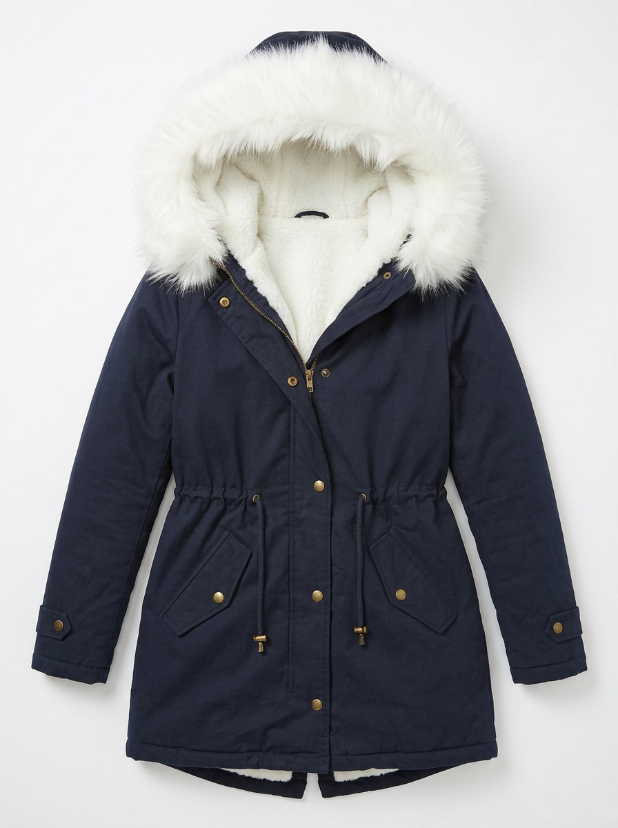Evie | Women's Snow Jacket Long Hooded Fur Trim Belted