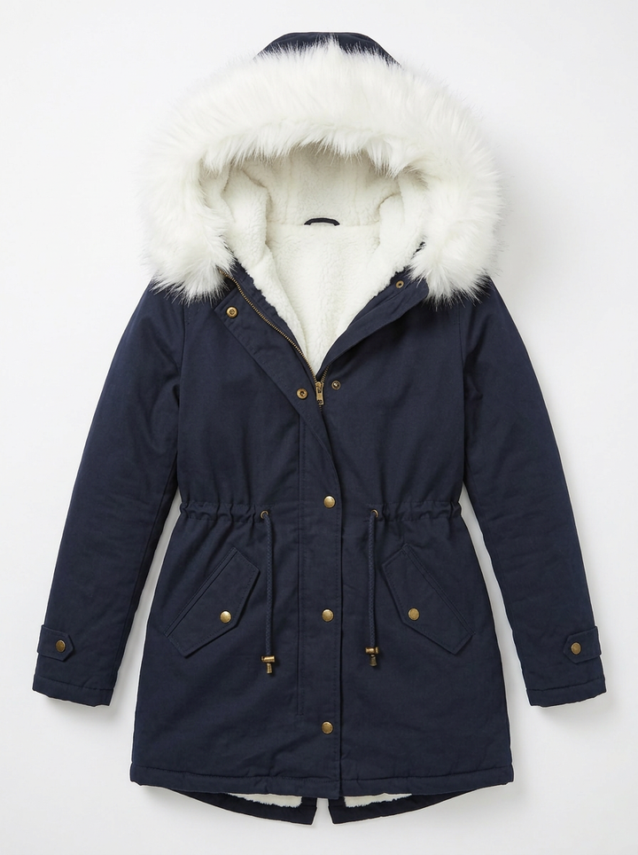 Evie | Women's Snow Jacket Long Hooded Fur Trim Belted