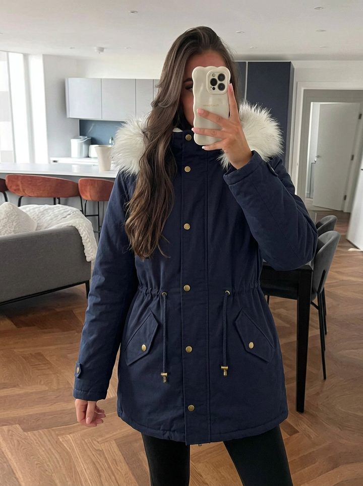 Evie | Women's Snow Jacket Long Hooded Fur Trim Belted