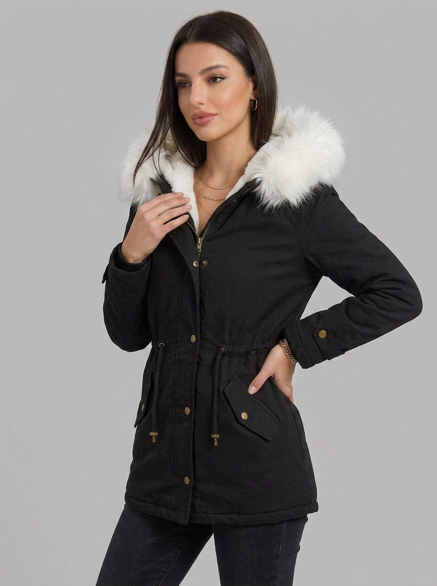 Evie | Women's Snow Jacket Long Hooded Fur Trim Belted