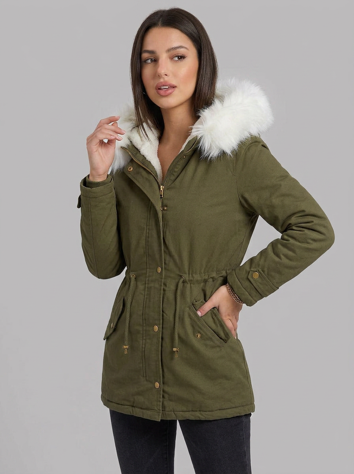 Evie | Women's Snow Jacket Long Hooded Fur Trim Belted