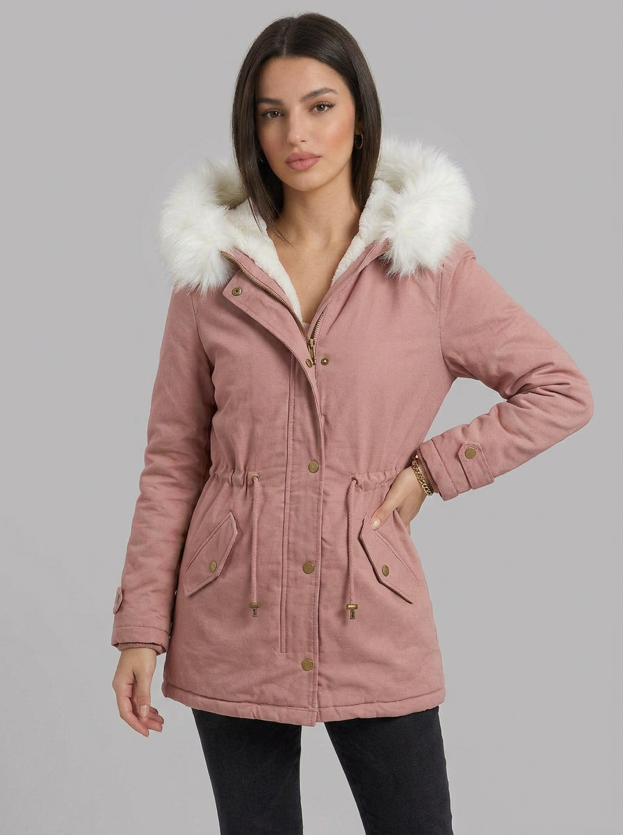 Evie | Women's Snow Jacket Long Hooded Fur Trim Belted